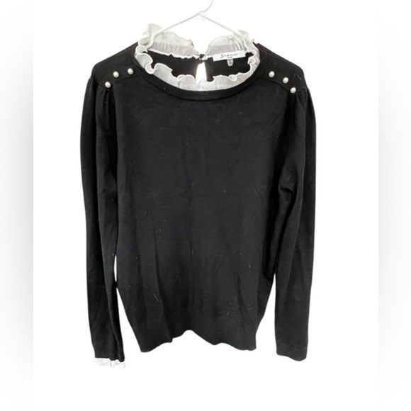 Sioni Sweaters - Sioni Milano Black Sweater with Ruffled Collar and Pearl Accents
